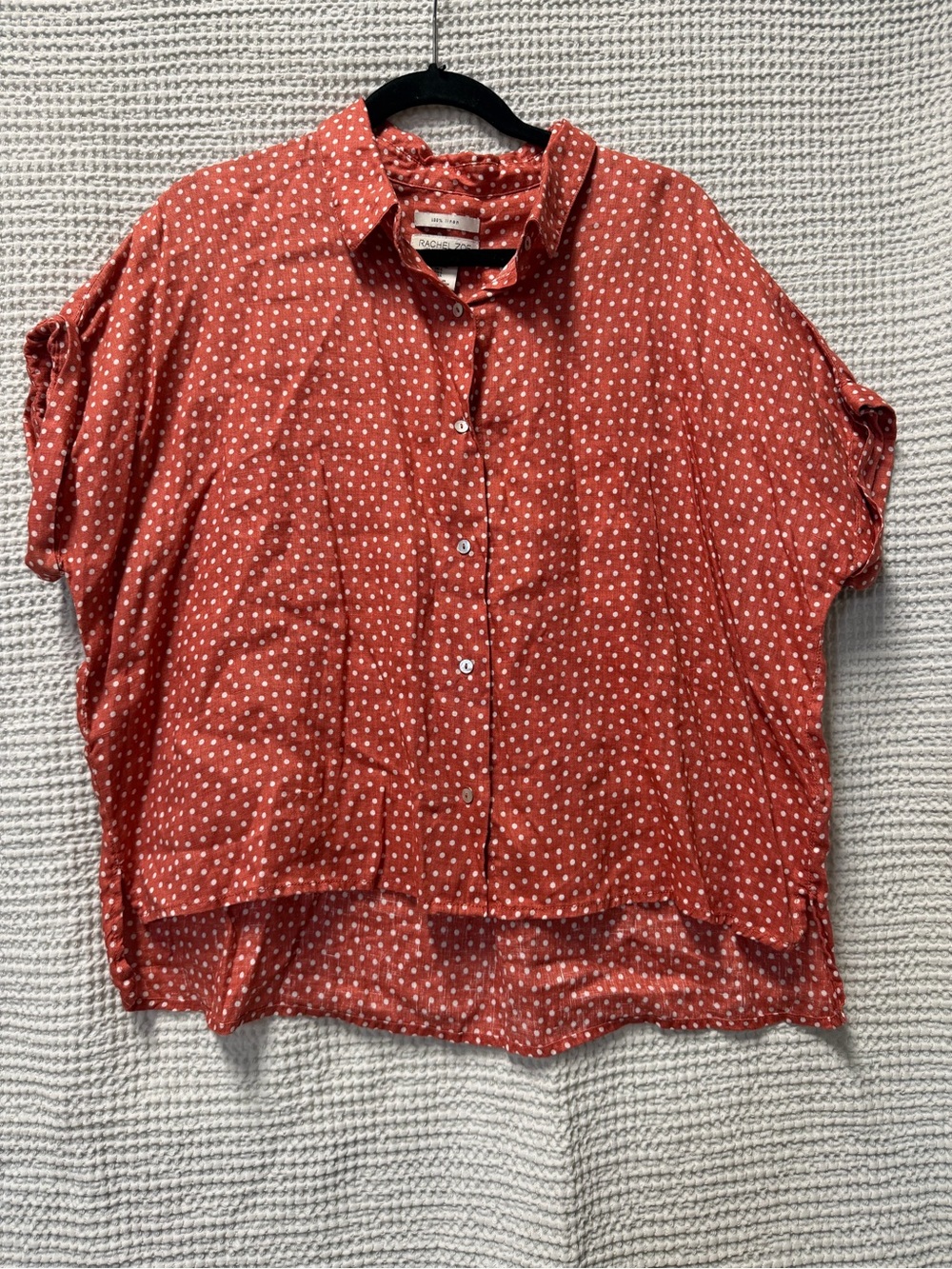Rachel Zoe Coral Orange Polka Dot 100% Linen Button Up Crop Top